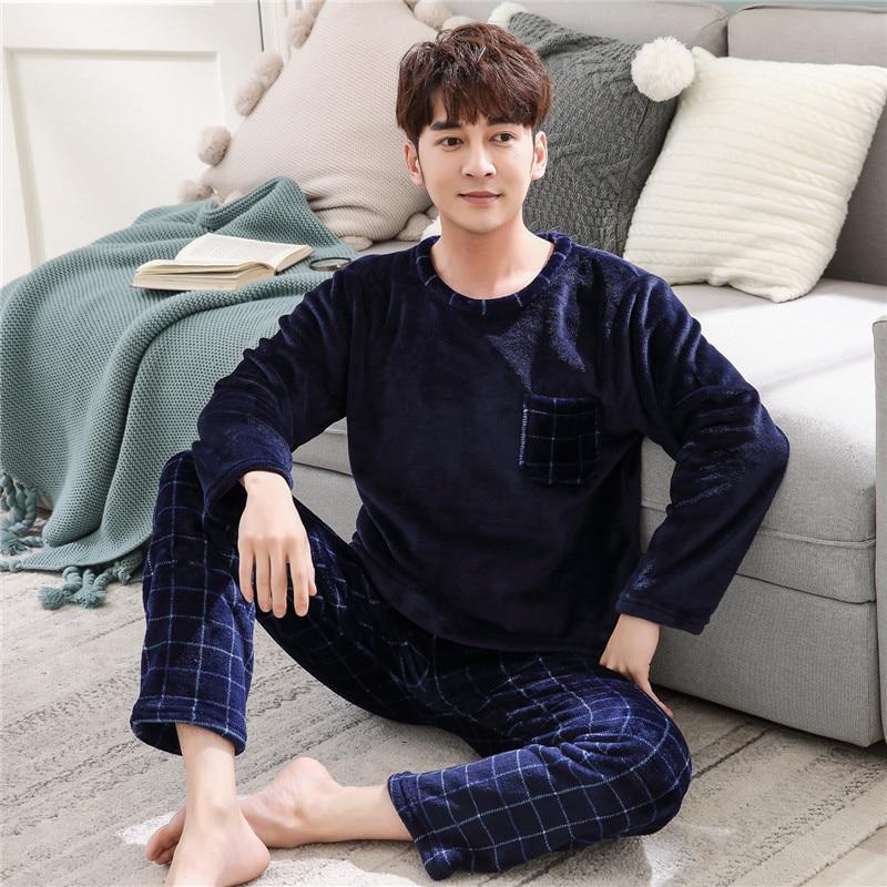Vinter tykkere varm myk blå flanell pysjamas sett for menn natt pyjamas mannlig langermet pyjamas nattøy dress tilfeldig hjemmeklær: Xxl (72-82kg)