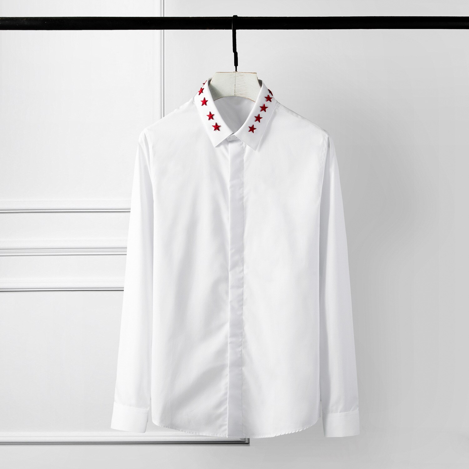 Heren overhemd luxe rode vlag vijf sterren klinknagel lange mouwen heren overhemden zwart wit casual overhemden man plus size 4xl