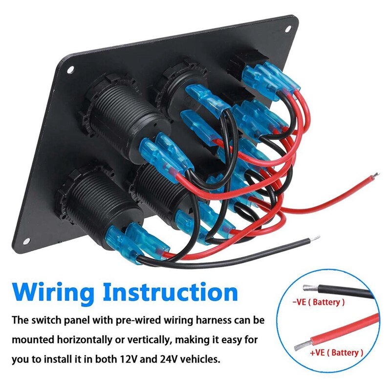 12V-24V Boat Switch Panel Switch Panel Waterproof Digital Voltmeter Dual USB Port Combination Marine LED Rocker 4 Gang