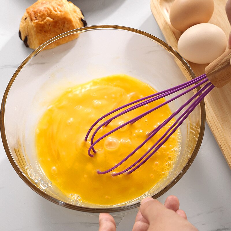 Silicone Wooden Handle Egg Beater 10 Inch Wooden Handle Manual Kitchen Mixer Household Baking Tools