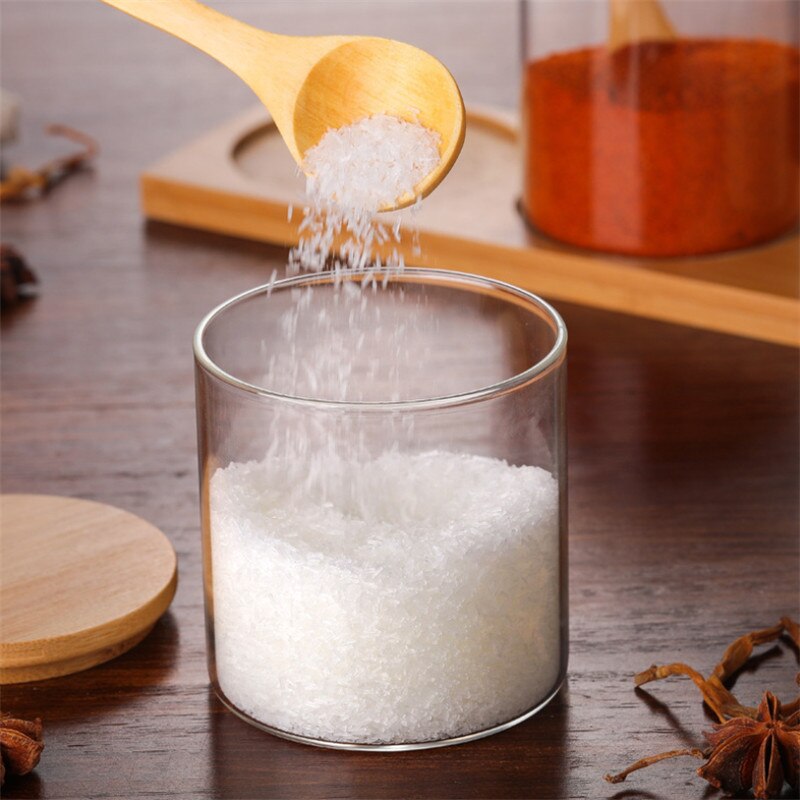 Spice Jars Kitchen Transparent Condiment Salt Pepper Storage Containers with Wood Spoon Bamboo Lid Sugar Coffee Seasoning Bottle