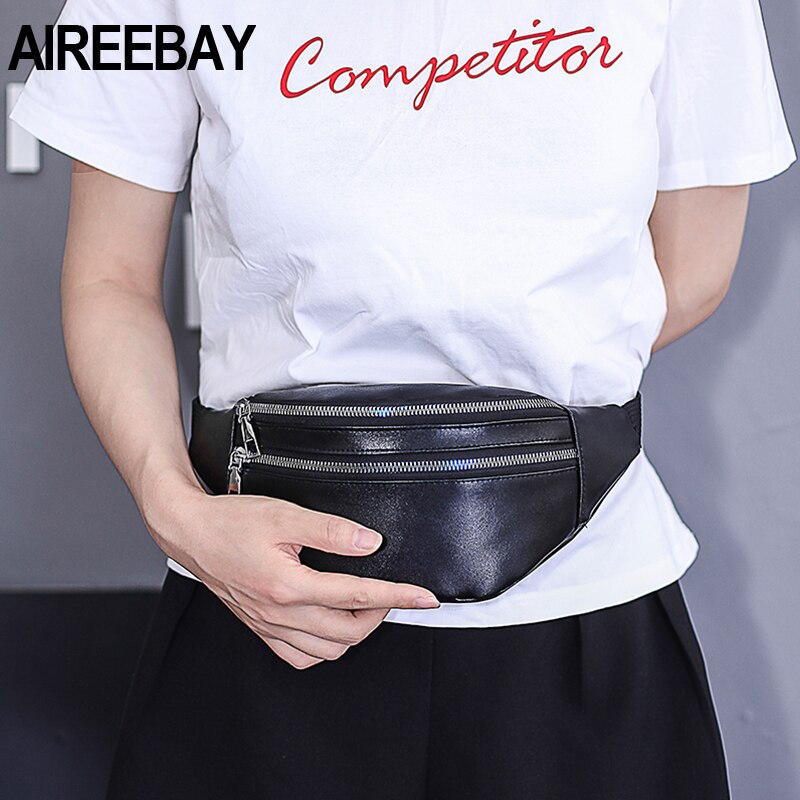 AIREEBAY Leather Waist bag For Women Fanny Pack Waterproof 3-Zipper Girls Bum Bag Travel Phone Pouch