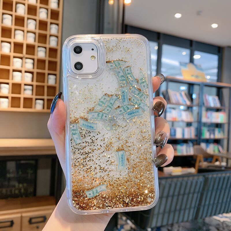 Quicksand Shining Dynamic Dollar Liquid Phone Case For iPhone 7 8 Plus XR XS Max 11 Hard PC Bling Glitter Back Cover Coque Capa