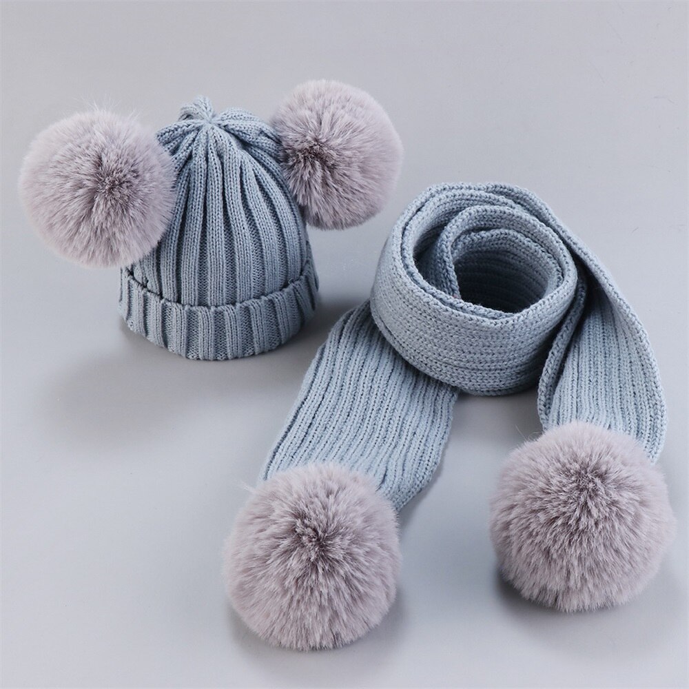 Cute Baby Hat Scarf Suit Autumn Winter Infant Poms Boy Girl Hat Scarf Set Fur Ball Caps Kids Soft Warm Knitted Hats Beanies: Gray Hat Scarf Set