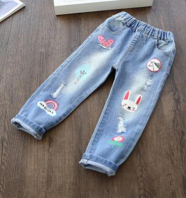 Children's jeans spring autumn baby girls jeans children Bunny cartoon pattern pants Hole jeans kid casual pants retail 3-8T: 6T