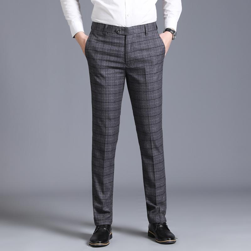 Zipper Fly Pocket Side Checked Suit Pants Men Casual Steetwear Business Casual Plaid Pants Formal Office Trousers: Gray Suit Pants / 30