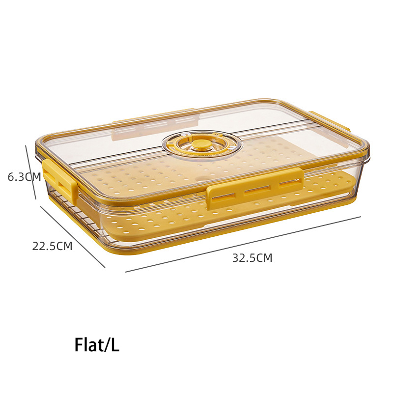 Timekeeping Refrigerator Food Storage Box with Lid Thickened PET Plastic Storage Containers Fruit Egg Vegetable Meat Fresh Box: Flat style-Yellow-L