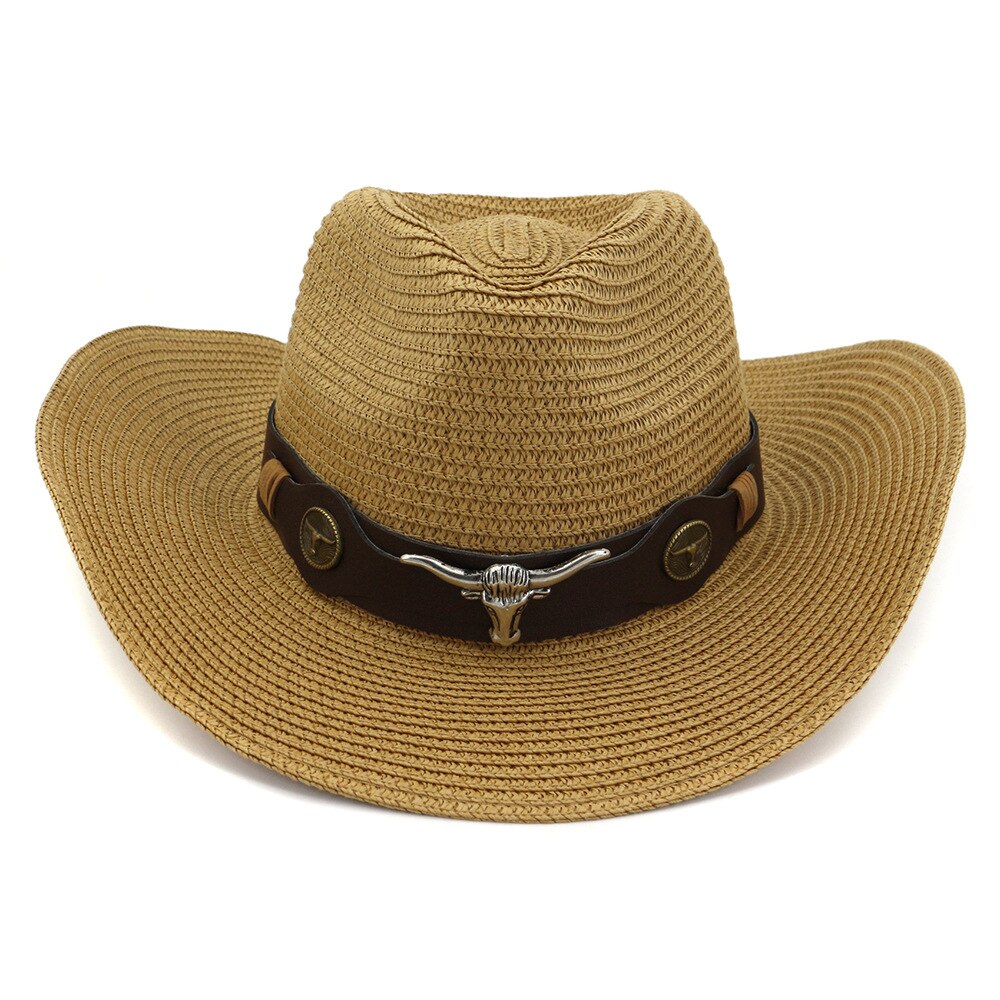 Qbhat unisex papir cowboy hatte bred skygge solbeskyttelseshætte mænd kvinder strand solhat solskærm cap jazz stråhat sombrero: Khaki