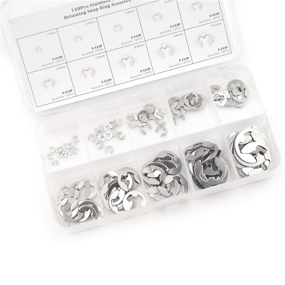 200 PCS 304 Stainless Steel Stainless Steel E Clip washer Assortment Kit Circlip retaining ring for shaft fastener M1.5~M10