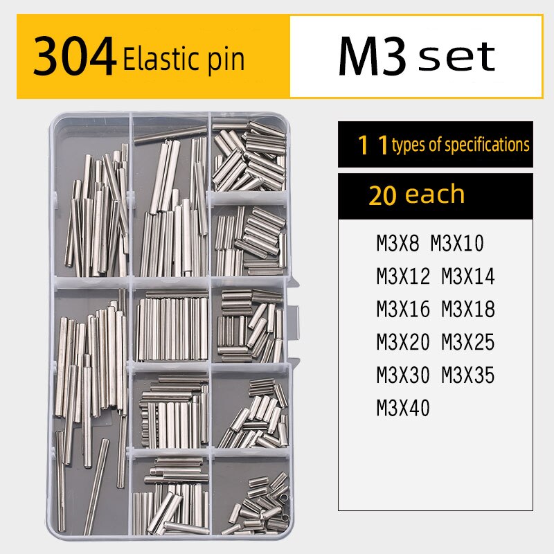Pin key set DIY boxed 304 stainless steel cylindrical pin elastic pin split pin multi-specification combination set: Elastic(pinM3Set