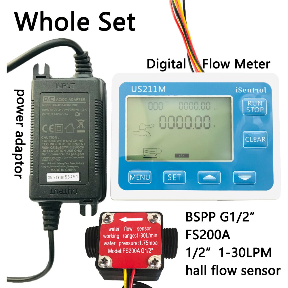 US211M Digital Flow Meter Totalizer Flow Measurement with FS200A Nylon Water Flow Sensor G1/2" Turbine Flowmeter iSentrol: Whole Set