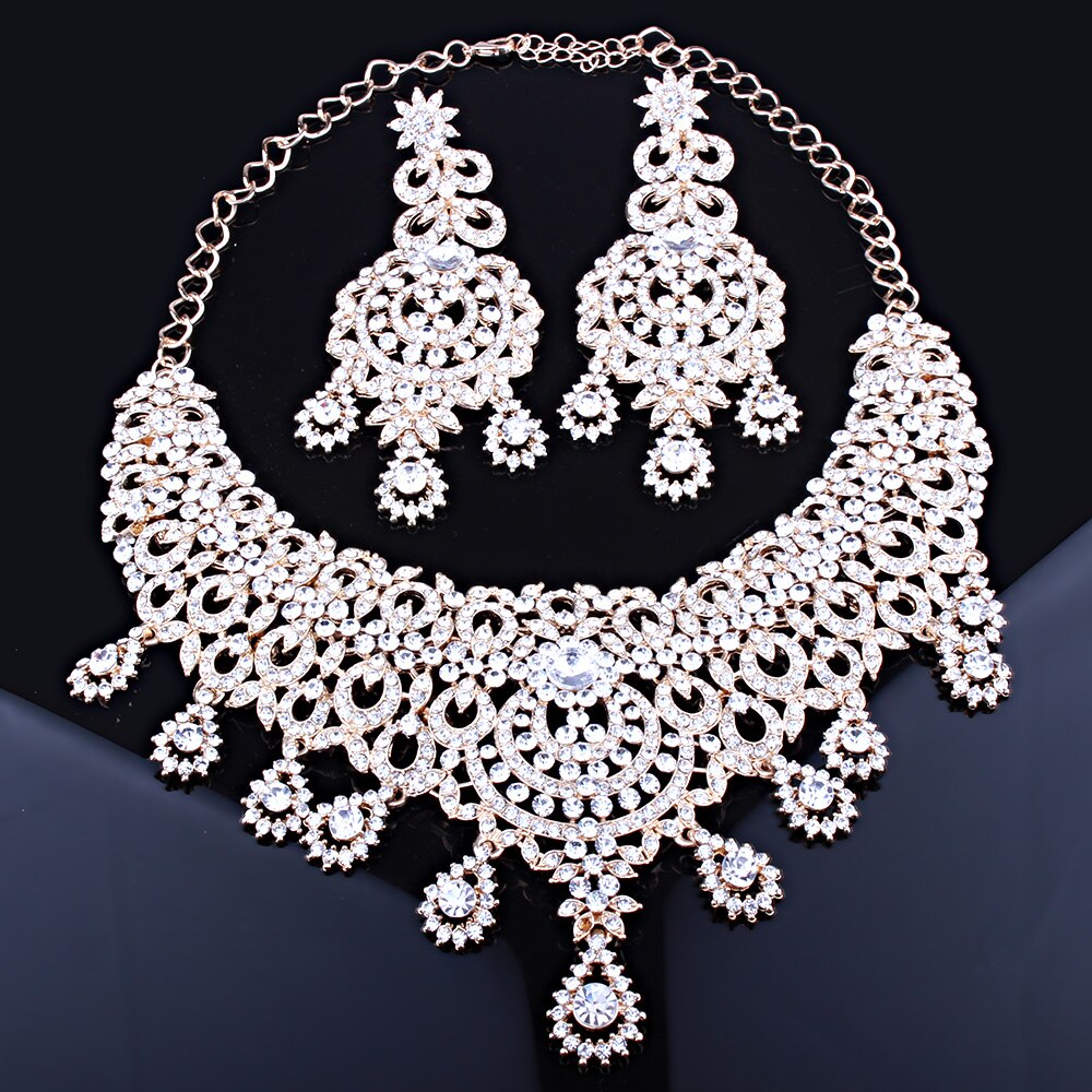Marokkaanse stijl statement ketting oorbellen set met kristallen strass steentjes luxe bruids- en trouwsieraden sets