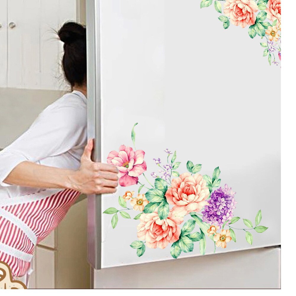 Garderobe Pvc Mooie Koelkast Zelfklevende Badkamer Decoratie Diy 3D Pioen Blossom Muursticker Kleurrijke Bloemen Wc Decals