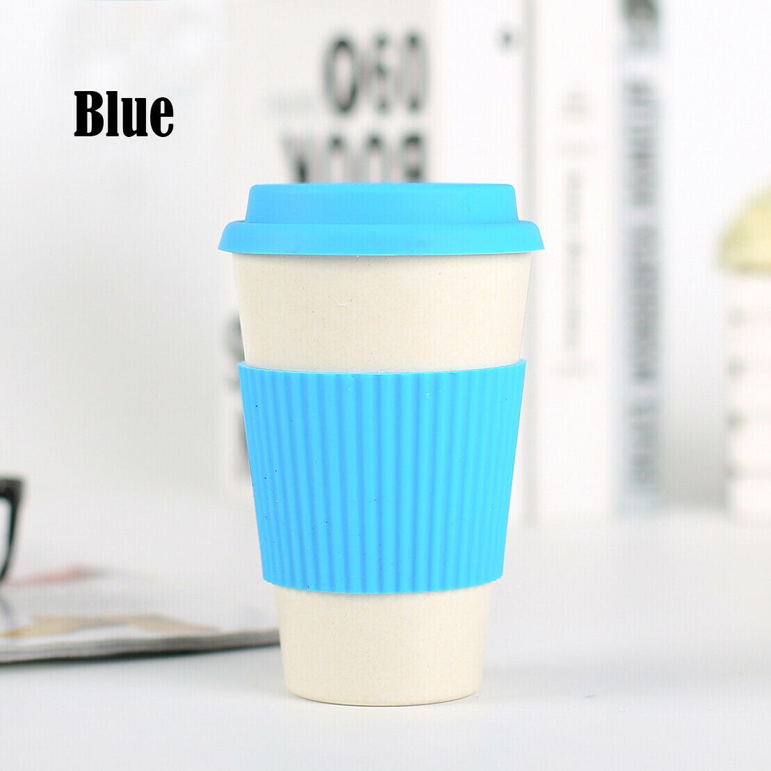 Taza para té y café de fibra de bambú reutilizable, vaso de viaje de paja de trigo con tapa de silicona, UK: Azul