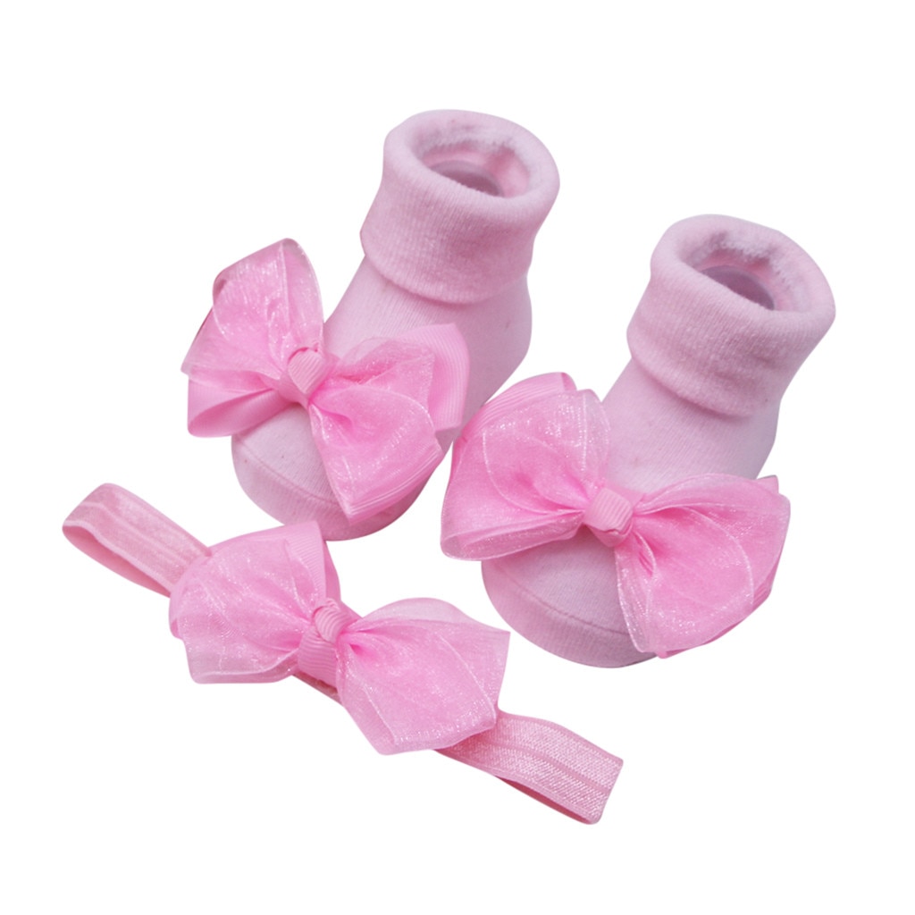 2 uds. Calcetines antideslizantes para bebés pequeños zapatos de zapatilla para niñas algodón suave para el invierno calcetines para interiores + 1 pieza de cinta de pelo Y819