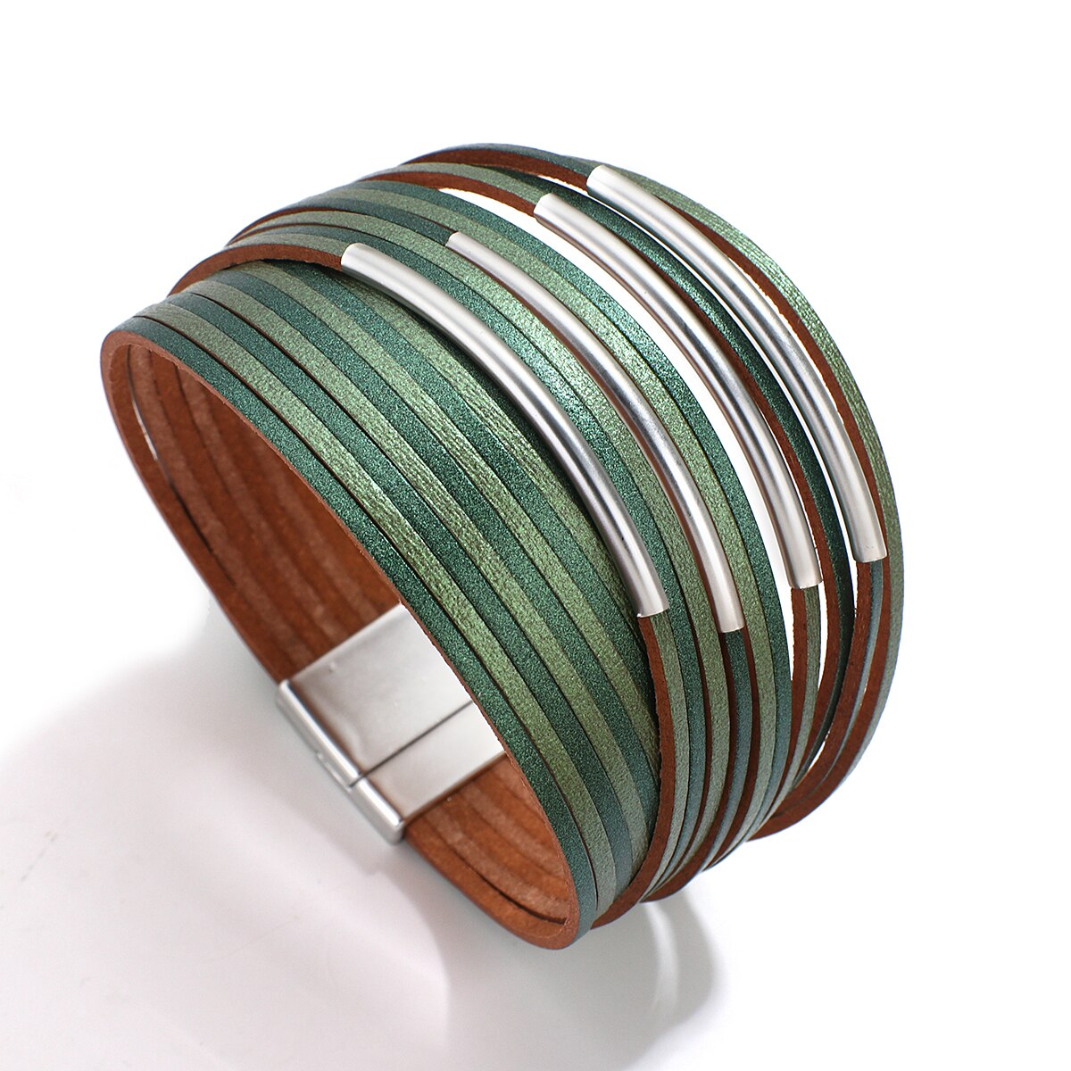 Allyes Eenvoudige Dubbele Kleur Slanke Strip Lederen Armband Voor Vrouwen Mode Metalen Buis Multilayers Wide Wrap Armband Vrouwelijke Sieraden: Green