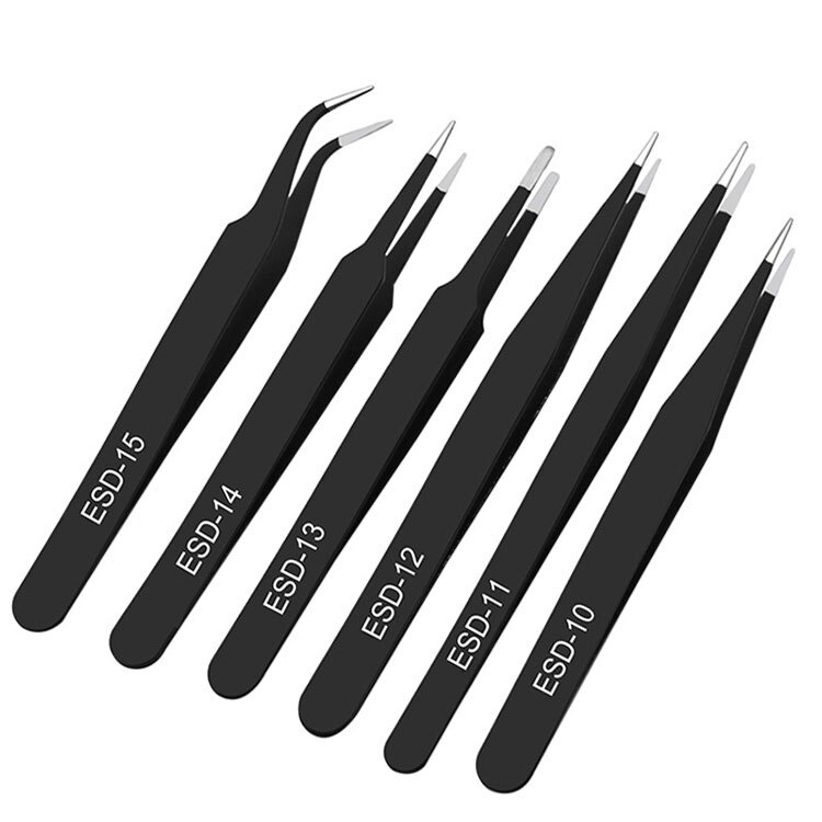 6pcs Anti-static ESD Stainless Steel Tweezers Maintenance Tools Industrial Precision Curved Straight Tweezers Repair Tools