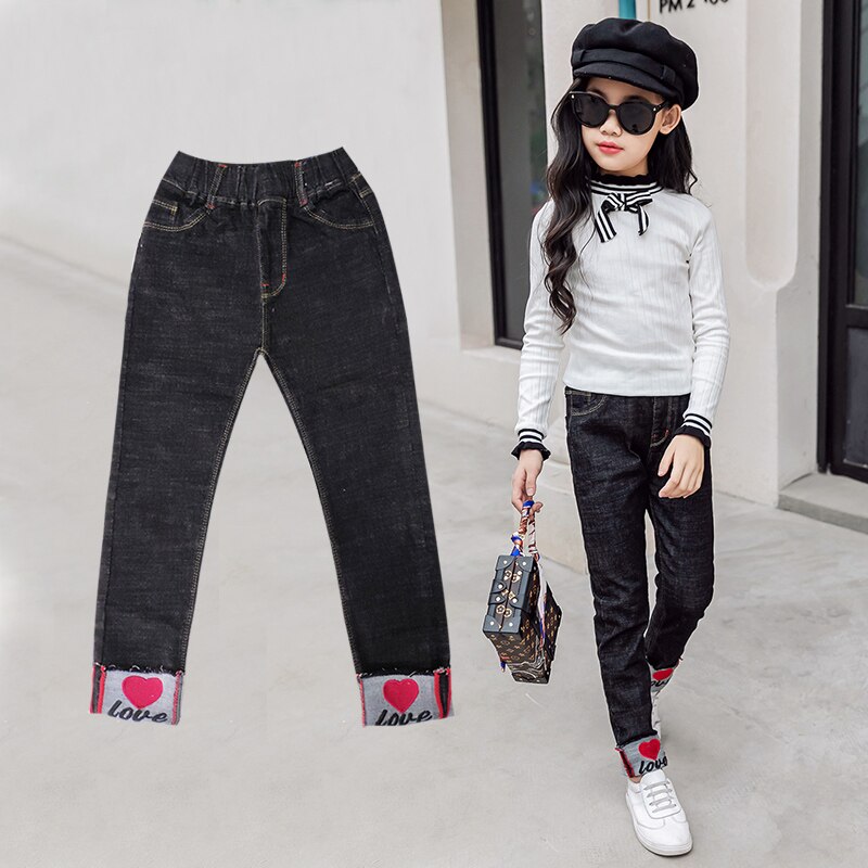 Teenager pige smarte jeans 6y-16y store piger casual denim bukser forår efterår teenager børn bogstav almindelige jean bukser 6 8 10 12 14 16: 041 sorte / 6