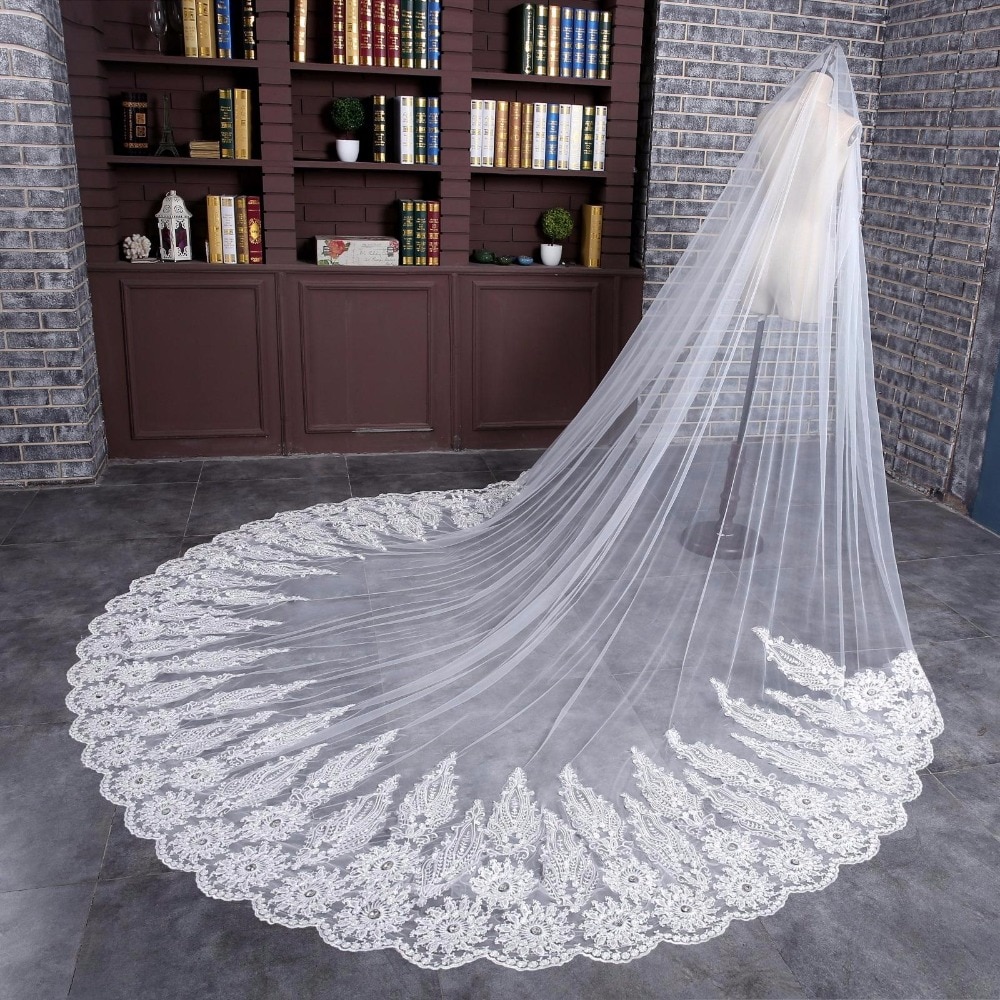 velo nupcial 4 M de una capa con peine, tul, borde de encaje con cuentas, velo de boda con accesorios de cristal de boda