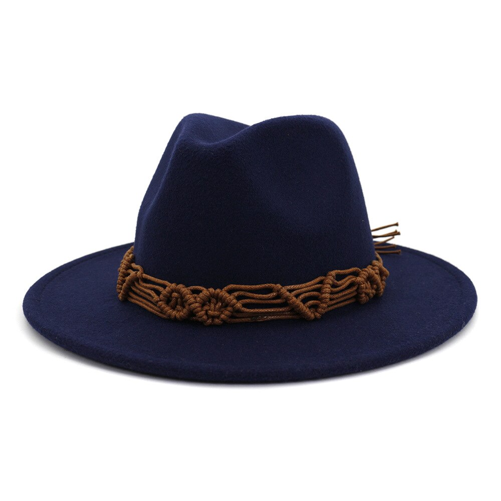 HanXi Women Hat Wool Fedoras Felt Hat Flat Brim Cap Twist Band: navy