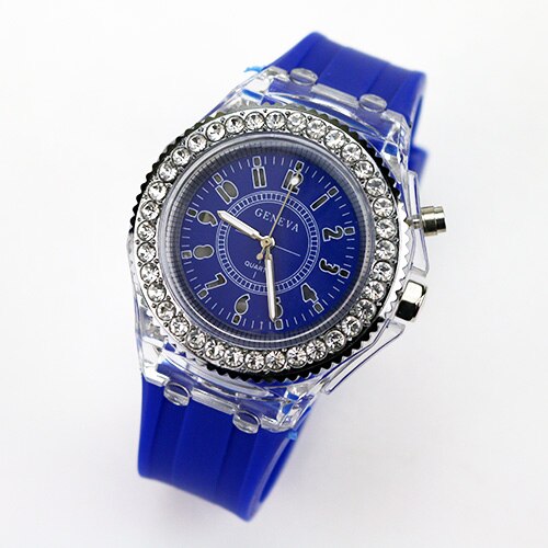 Led-flitser lichtgevend horloge met gelei, rubber, dameshorloge, studentenhorloge, quartzhorloge, lichtgevende klok, liefhebbers: Diepblauw