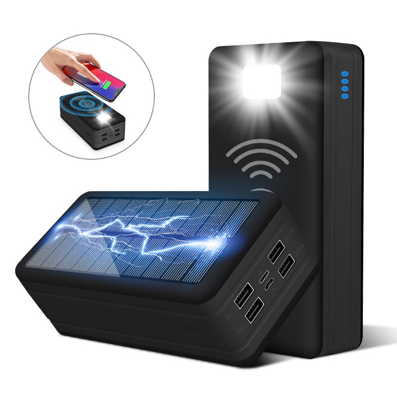 99000mAh Wireless Solar Power Bank Portable Charger Large Capacity 4USB LEDLight Outdoor Fast Charging PowerBank Xiaomi Iphone: wirelessblack