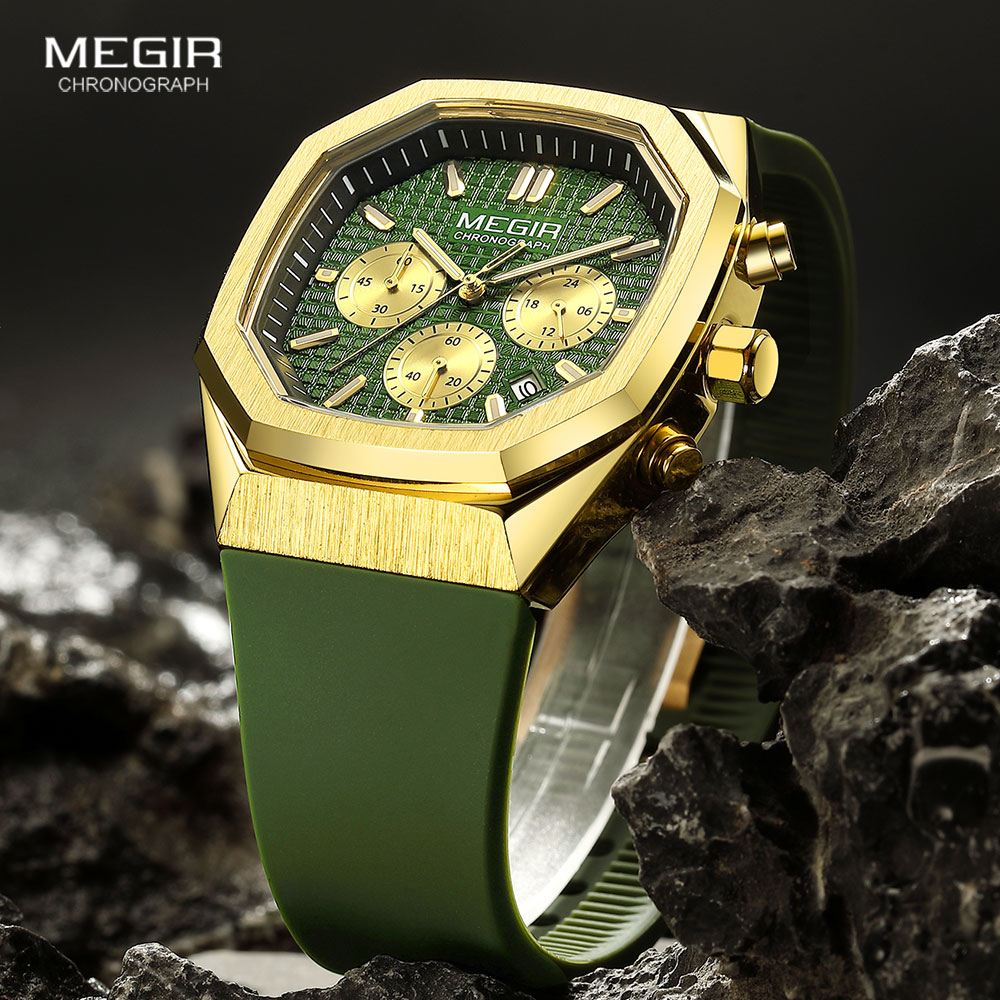 Megir heren waterdicht horloge met achthoekige wijzerplaat, chronograaf, quartz polshorloge met olijfgroene siliconen band, datumweergave en lichtgevende wijzers 2215