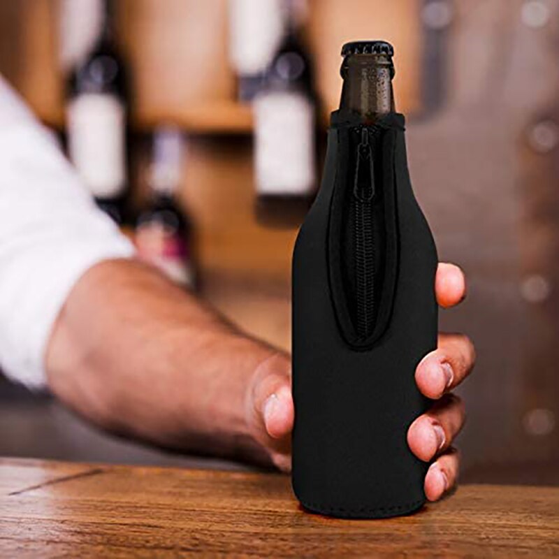 Bierfles Koeler Mouwen Houd Drankje Koud Zip-Up Extra Dikke Neopreen Geïsoleerde Sleeve Cover Black