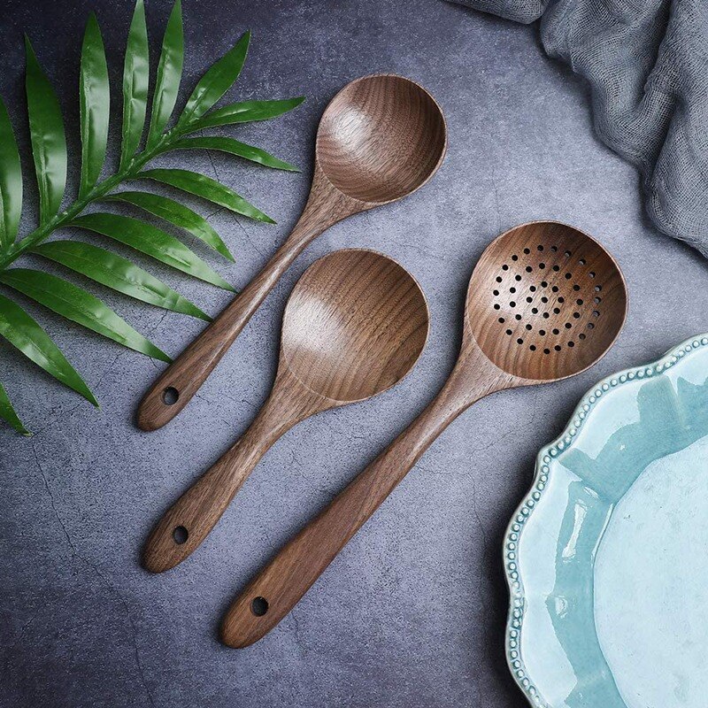 7 Pcs Wooden Kitchen Cooking Utensil Set,Wooden Soup Ladle,Black Walnut Wooden Spoons Spatula for Cooking,Mixing Spoon