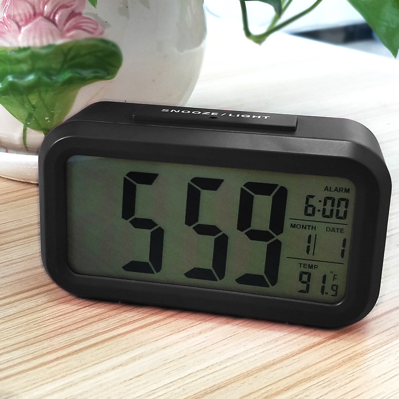 Battery Digital Alarm Clock Large LCD Display Light Sensor Nightlight Multifunction Snooze Kids Office Table Clock