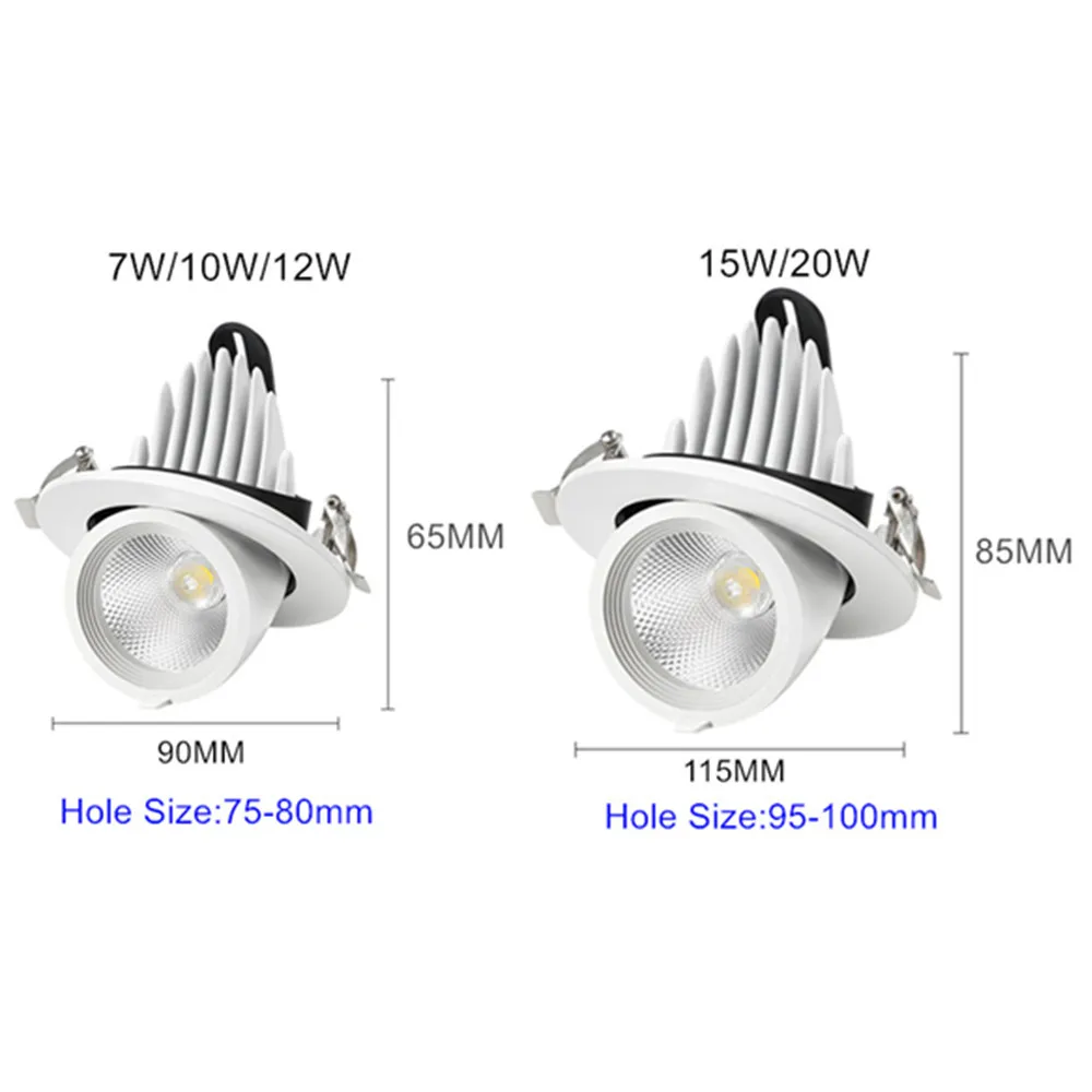 Dimbare led-downlight met 360 draaibare hoeken , 12w 7w 20w inbouwspots,  ac85-265v winkelspots, binnenvitrines