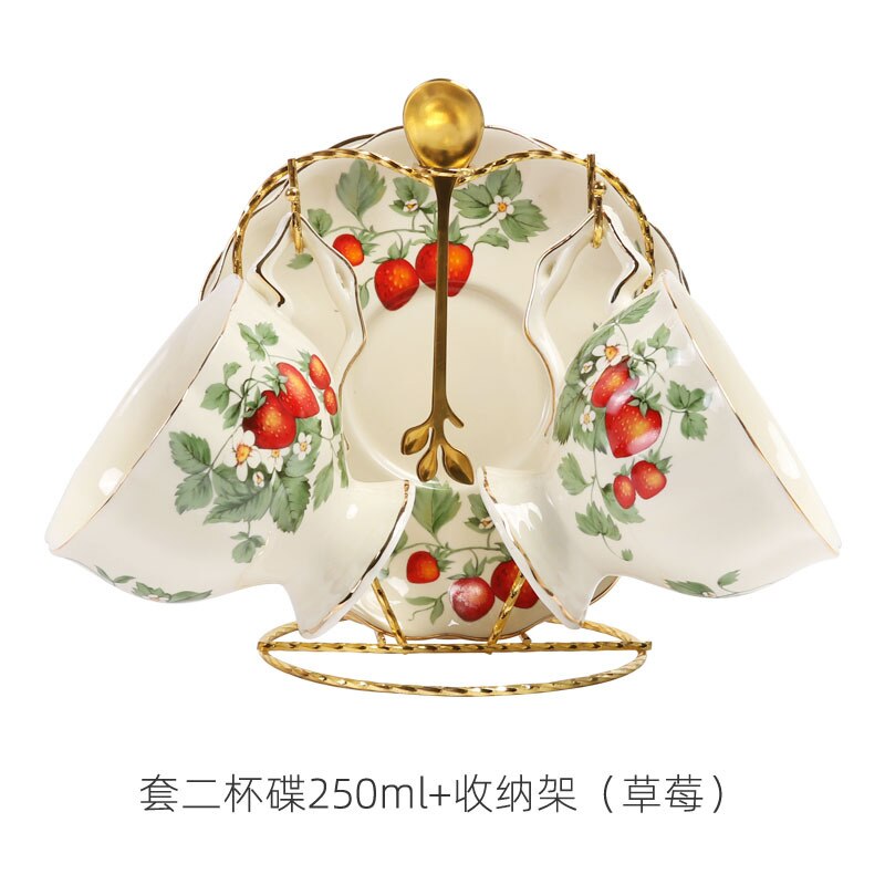 European Coffee Cup and Plate Set Ceramic British Gold Rim Teaware French Fancy Restaurant Afternoon Tea Cup with Saucer Spoon: Strawberry 2 Sets