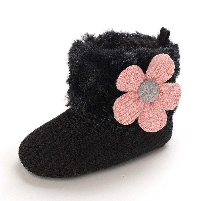 Winter Baby Cotton Shoes Plush Warm Toddler Girl First Walker Shoes Anti-Slip Infant Flower Short Boot Lightweight Soft Sole: black / 0-6 Months