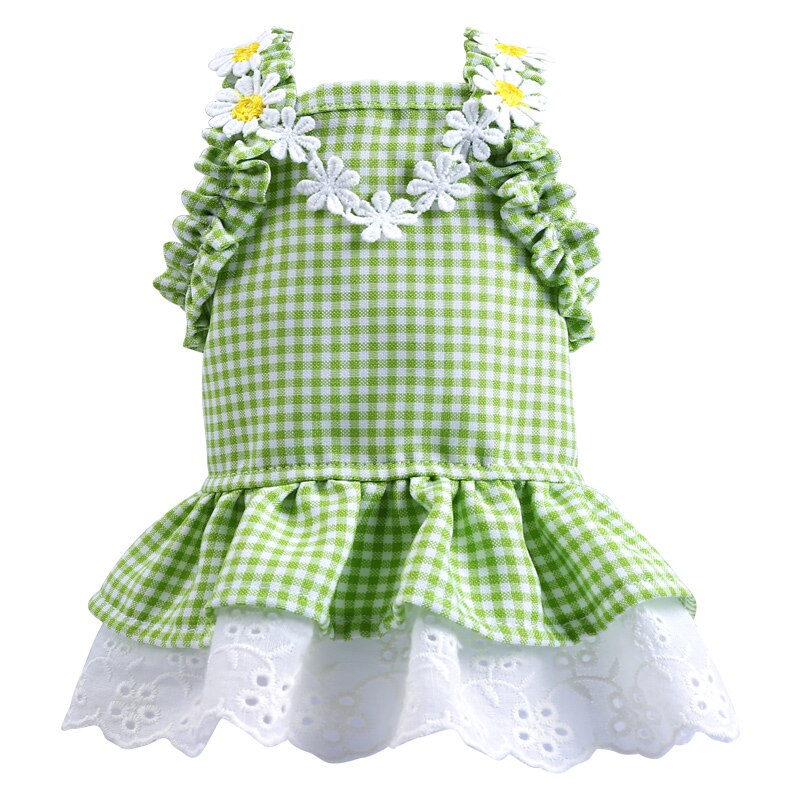 Summer Dog Dress Plaid Clothes For Small Dog Party Dog Skirt Puppy Flower Lace 3 Color XS S M L XL: Green / XS