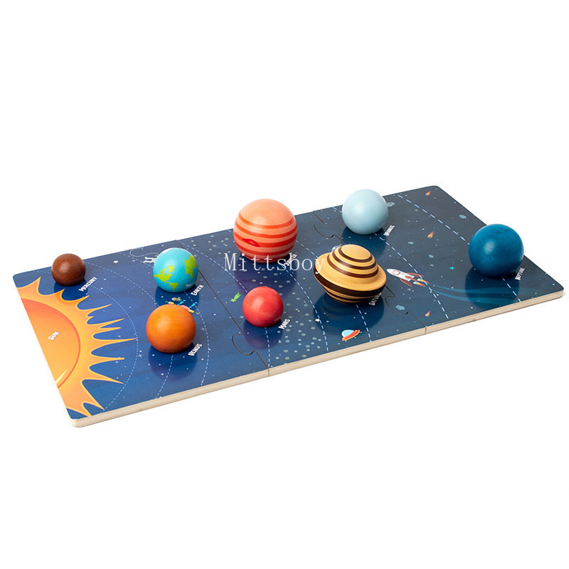Juguetes de educación temprana de madera Montessori para bebé, rompecabezas 3D de ocho planetas, juguete cognitivo del universo, sistema Solar, tablero a juego de planetas: Gris claro