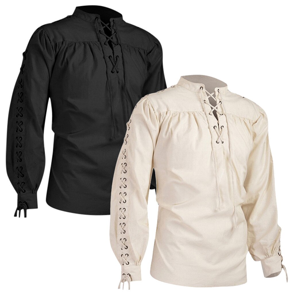 décontracté col mâle Blouse rétro à lacets à manches longues médiévale Chemise gothique homme Blouseashion vêtements Chemise