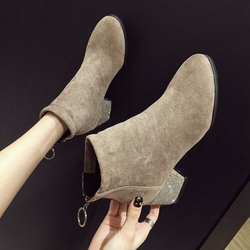 Damesschoenen, laarzen, stijlen, herfst- en wintertangen, ritsen, suède diamanten, glimmende laarzen.: Khaki / 35