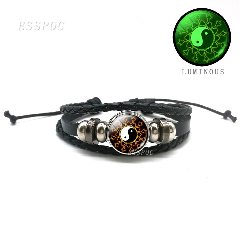YinYang potins en cuir noir Bracelet lumineux rétro Tai Chi Kung Fu Logo bouton pression Bracelet hommes et femmes bijoux accessoires