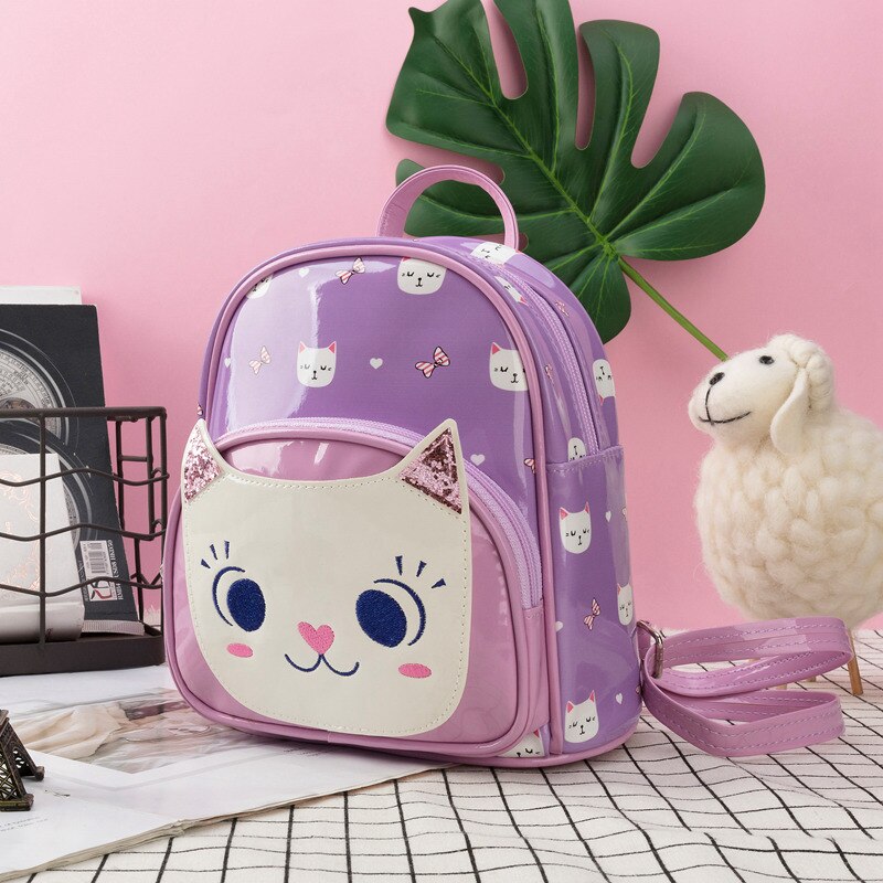 Heopono-petit sac à dos marqué en cuir PU pour enfants, garçons et filles, sac à dos pour enfants, motif chat mignon de dessin animé, pour garçons et filles: Purple