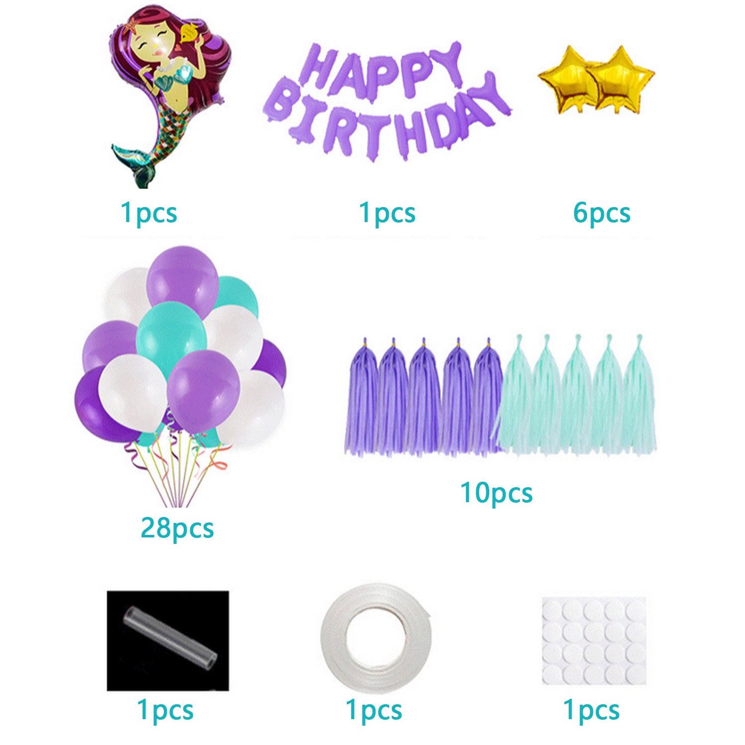 49pcs Birthday Party Decorations Set with Happy Birthday Banner Mermaid Star Foil Balloons Tassels for Girls Children