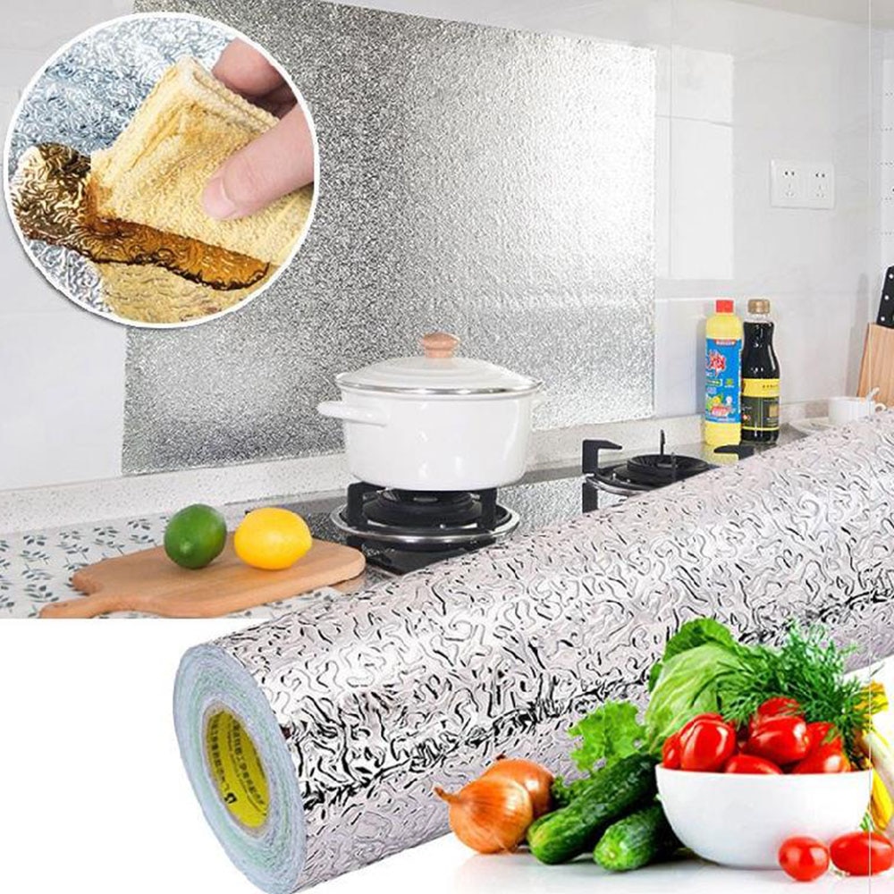 Kök självhäftande film oljebeständig klistermärke aluminium kök wallsticker tapeter köksfilm redskap för köksinredning