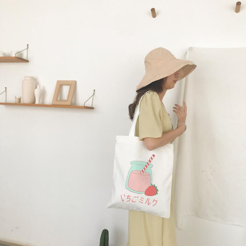 Bolsa feminina de lona, bolsa de ombro chique estampada com morango reutilizável