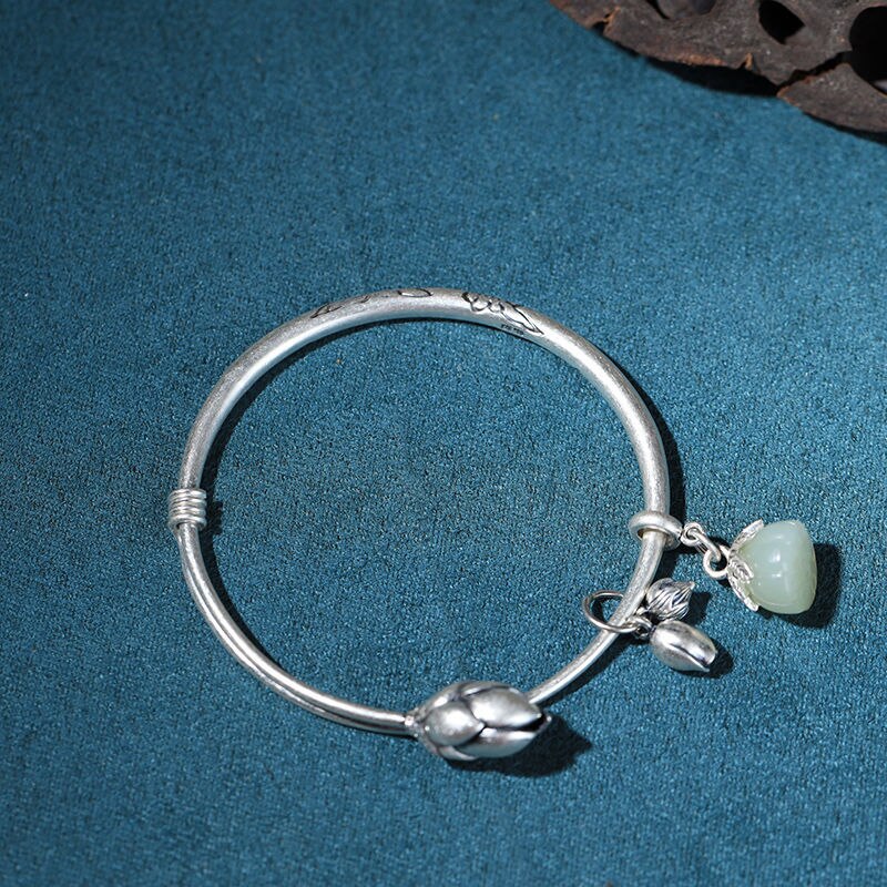 Pulseira de prata para mulheres s925 prata esterlina s925 sino de mudas de lótus ajustável sólido retrô retrô simples de prata pus