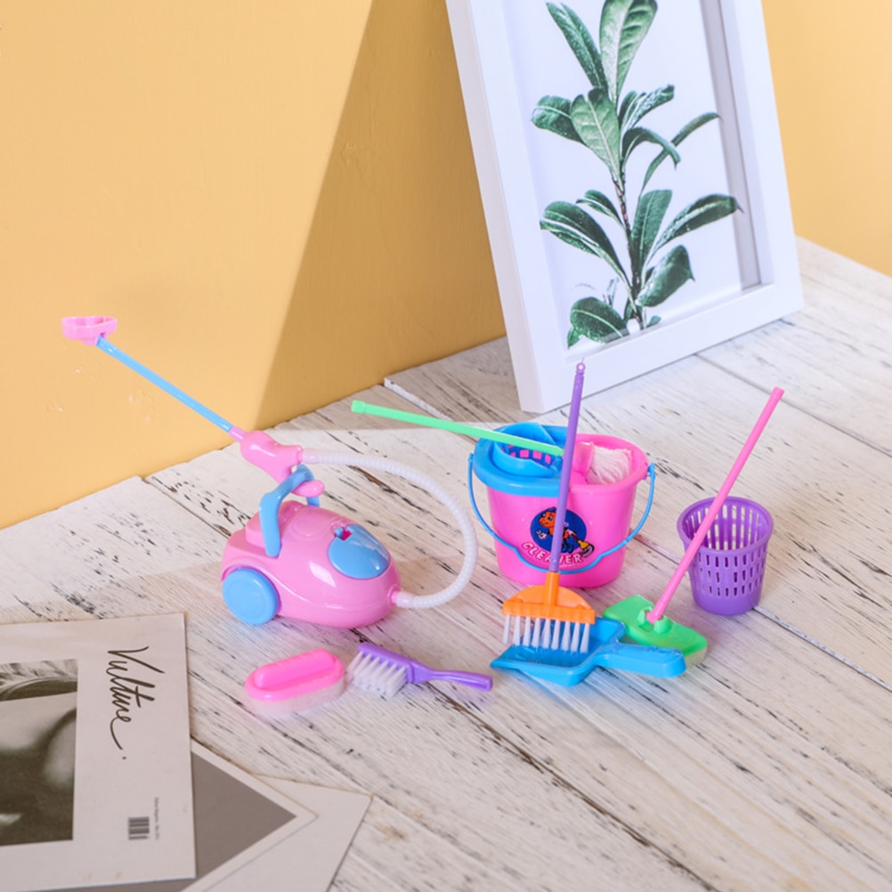 9 stk mini køkkenrengøring foregiver legetøjssæt moppe kost støvsuger værktøj pige lege hus dukke tilbehør legetøj