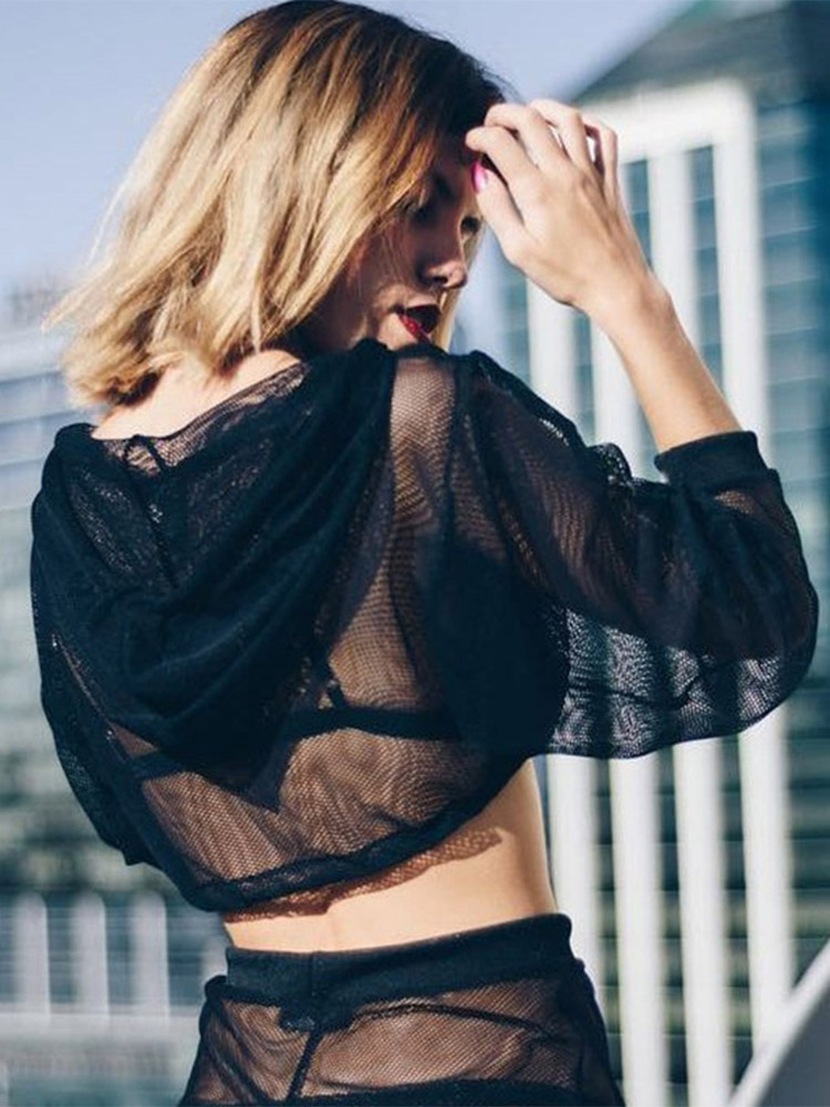 T-Shirt à Capuche en Maille Creuse pour Femme, Manches Courtes, Noir, Transparent, Swxy, Wlwear, ix