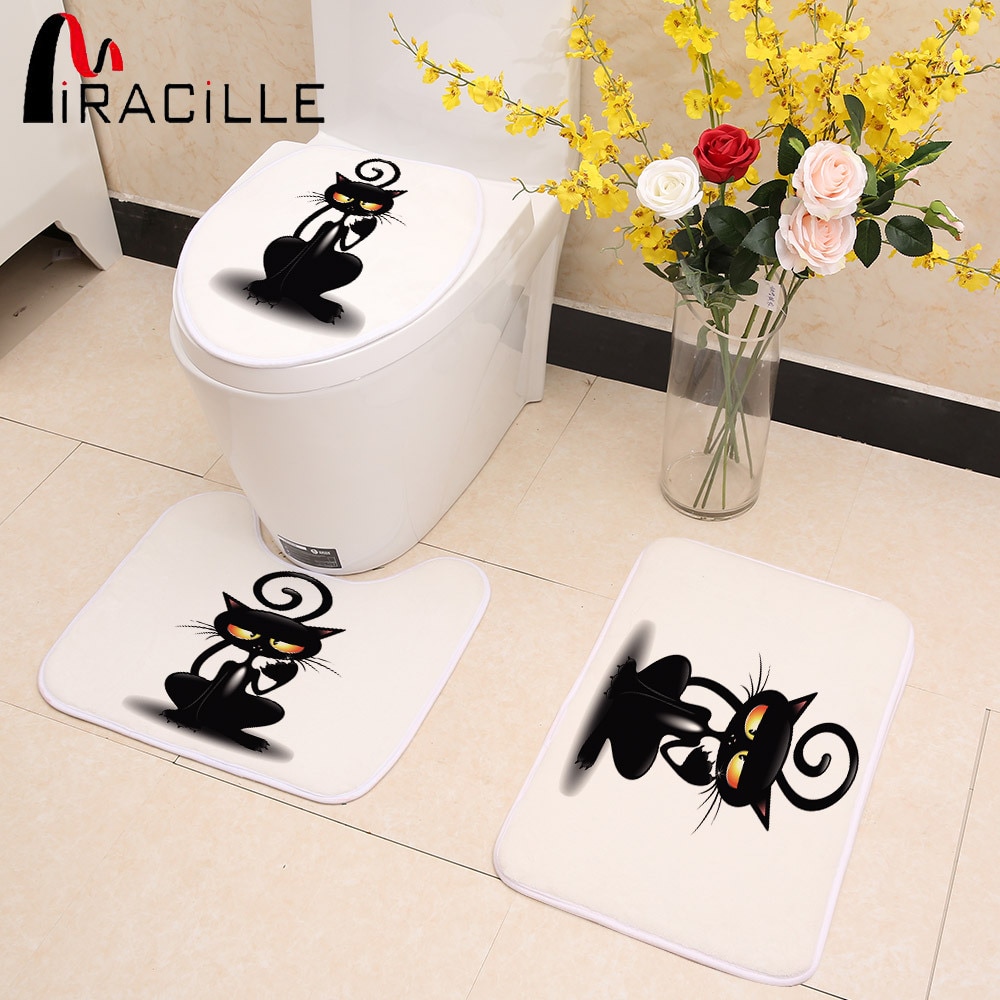 Miracille 3 stk / sæt sød sort kat mønster badeværelse toilet sædeovertræk koral fleece dørmåtte køkken skridsikre tæpper boligindretning