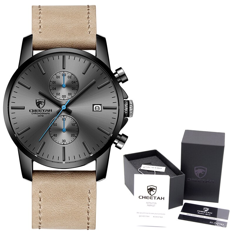 Mannen Horloge Cheetah Mode Sport Quartz Horloges Heren Lederen Waterdichte Chronograaf Klok Business Relogio Masculino: Leather Grey Box