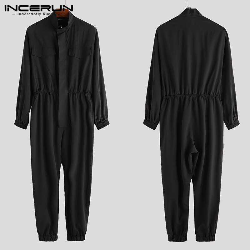INCERUN Men Jumpsuit Joggers Long Sleeve Romper Zipper Cargo Overalls Cool Solid Streetwear Hiphop Casual Pants Men