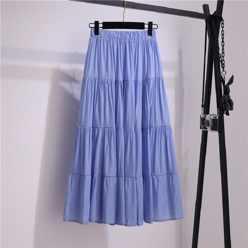 SURMIITRO Korean Style Long Skirt Women For Spring Summer Blue White Black High Waist Sun School Midi Pleated Skirt Female