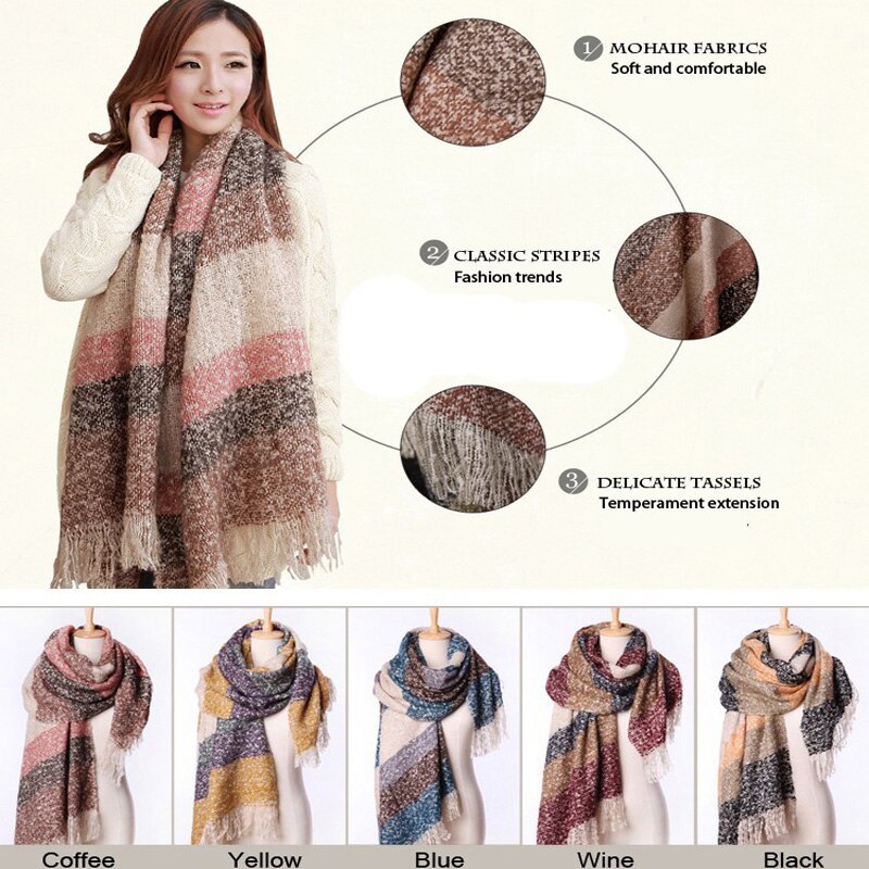 Women Fall Winter Mohair Cashmere Like Scarf Long Size Warm Scarves & Wraps For Lady Casual Patchwork Accessories